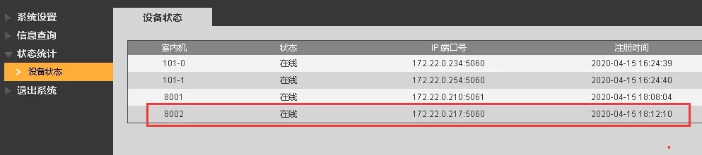 “狀態(tài)統(tǒng)計——設(shè)備狀態(tài)”查看“8002”是否在線