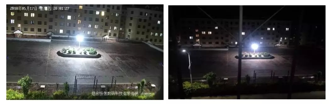 左為全彩智能球機夜間效果，右為普通球機夜間效果